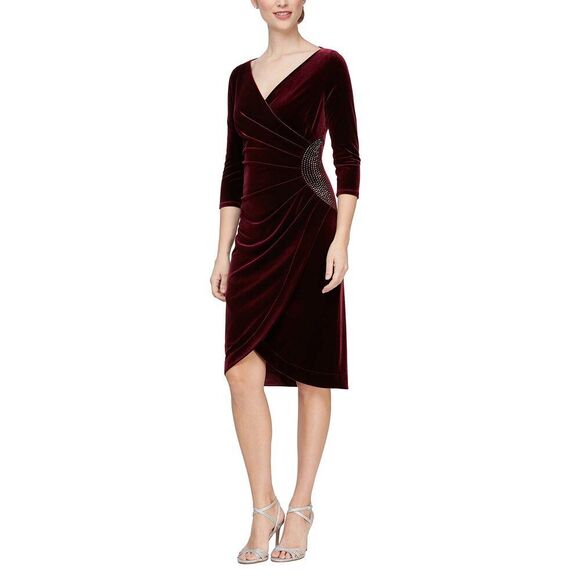 Women's Short Velvet Cocktail Dress With Beading Detail (Reg Petite) 14 Wine V